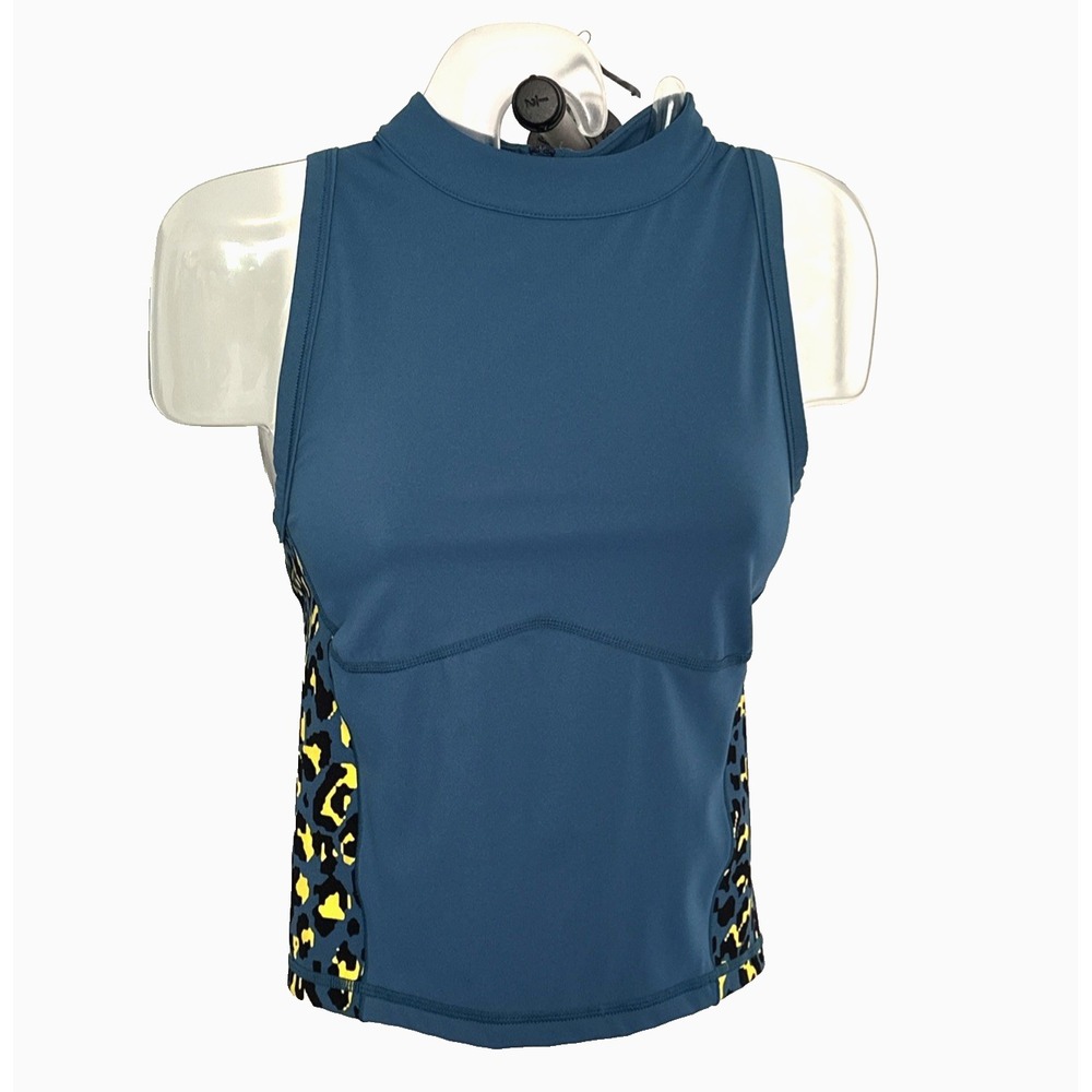 Sleeveless High-Neck Performance Tank Top - Teal with Leopard Side Panels